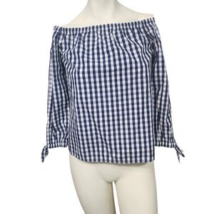 Vineyard Vines Blue White Gingham Off Shoulder Peasant Top Size 4 Cotton Preppy